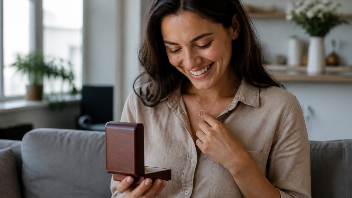 Woman smiling with joy as she holds a custom necklace to her heart after opening a gift box
