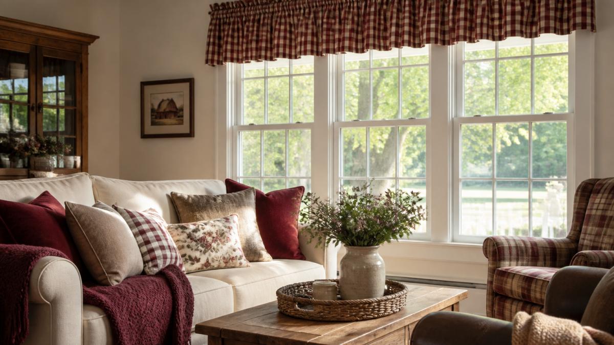 Bright farmhouse living room with burgundy and tan check valance above windows, natural light streaming through, wooden furniture with neutral walls and layered textiles visible