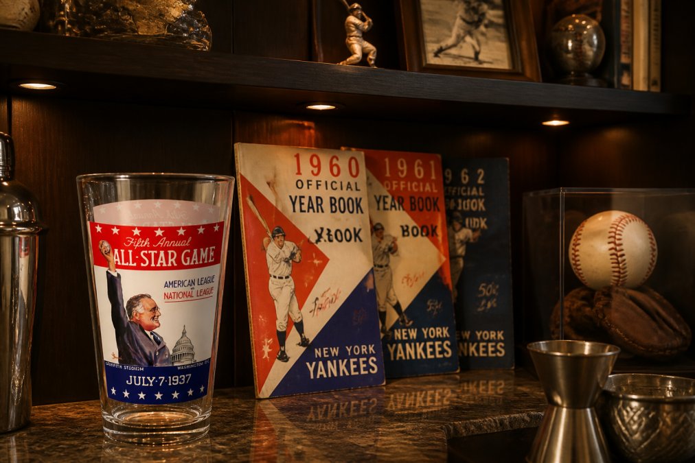 A well-organized home bar displaying vintage mixing glasses with baseball memorabilia, vintage yearbook covers, and sports collectibles arranged on shelves with warm overhead and accent lighting