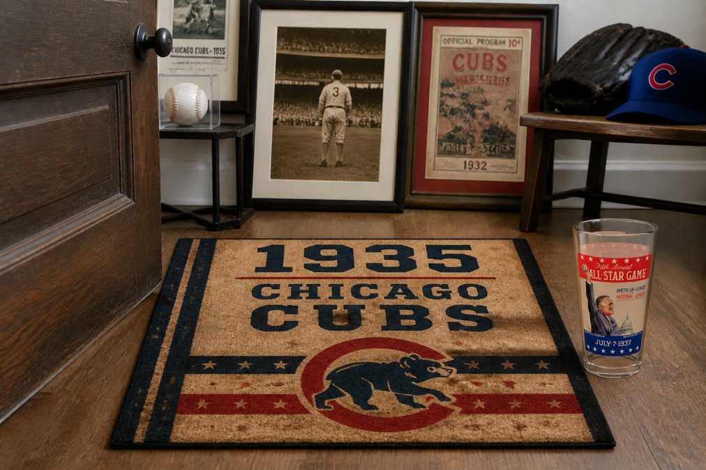 A vintage-style doormat featuring a classic 1935 Chicago Cubs baseball design placed at an entryway, with framed sports memorabilia and vintage program covers visible in the background