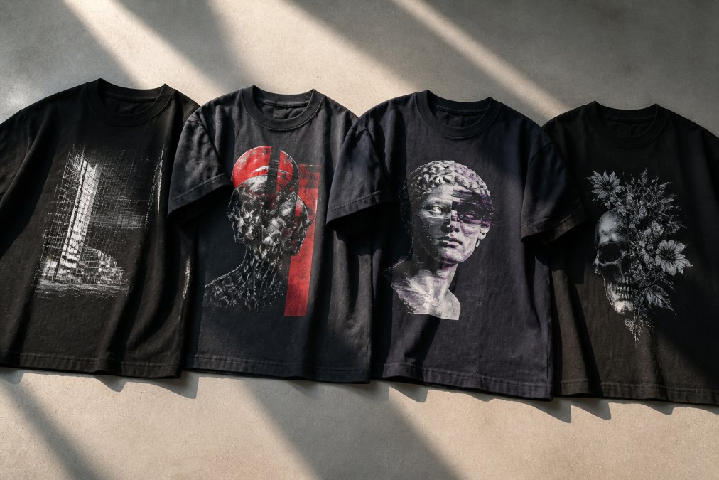 Flat lay of premium heavyweight graphic tees displayed side-by-side on neutral background, showcasing diverse design aesthetics including brutalist gridlines, cyberpunk biomechanical elements, and classical marble busts with glitch effects, with natural window lighting highlighting fabric texture and screen-printed detail