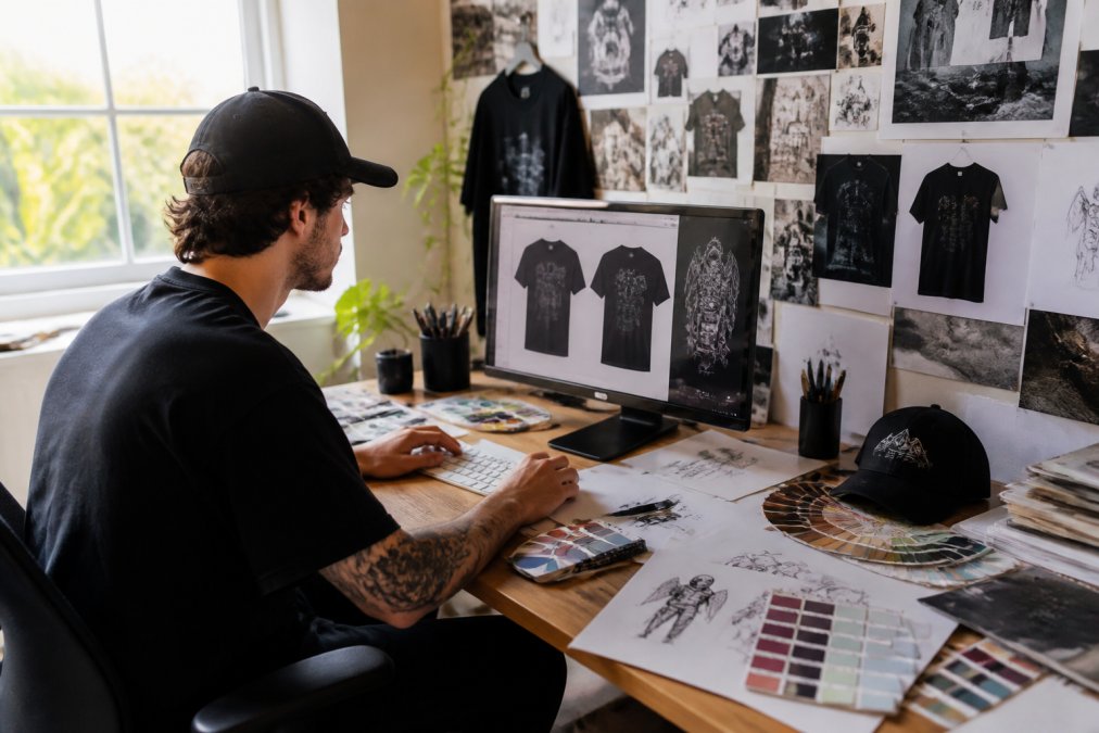 Designer working at desk with design software open on monitor displaying vector graphics, mood boards pinned on wall above workspace, color swatches and hand-drawn sketches scattered across desk surface, natural light streaming through window illuminating workspace