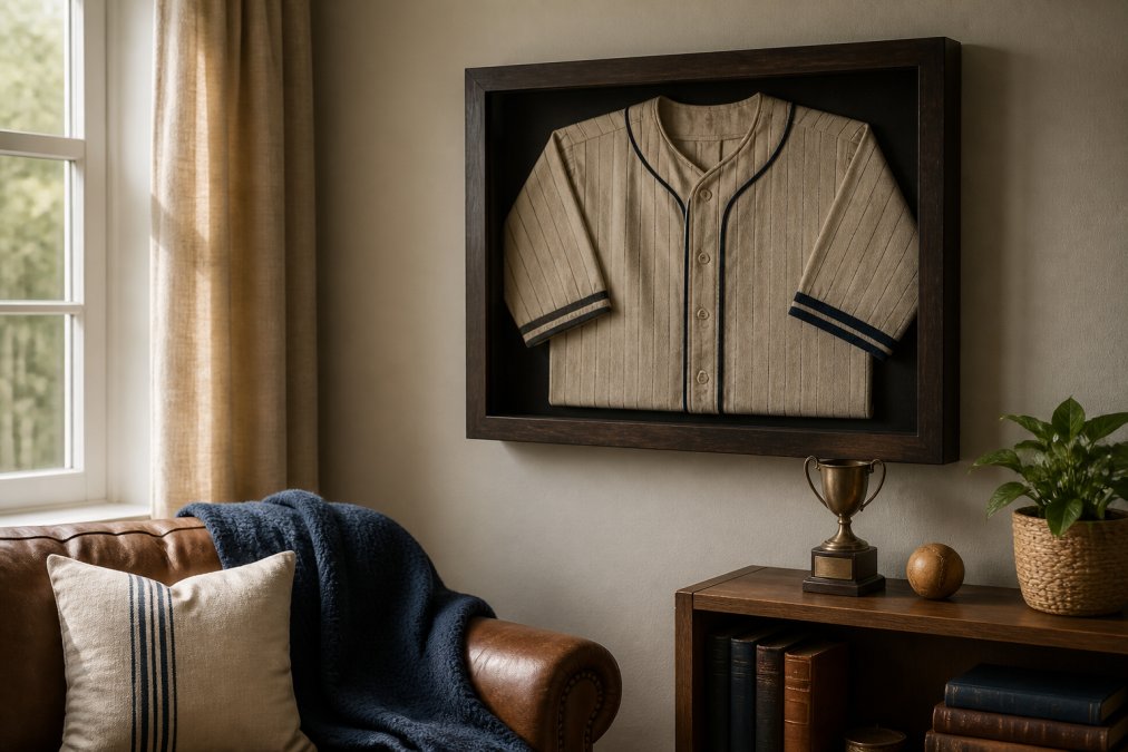 A shadow box containing a folded vintage baseball jersey displayed on a living room wall, with warm natural light and a wooden shelf nearby holding a small trophy