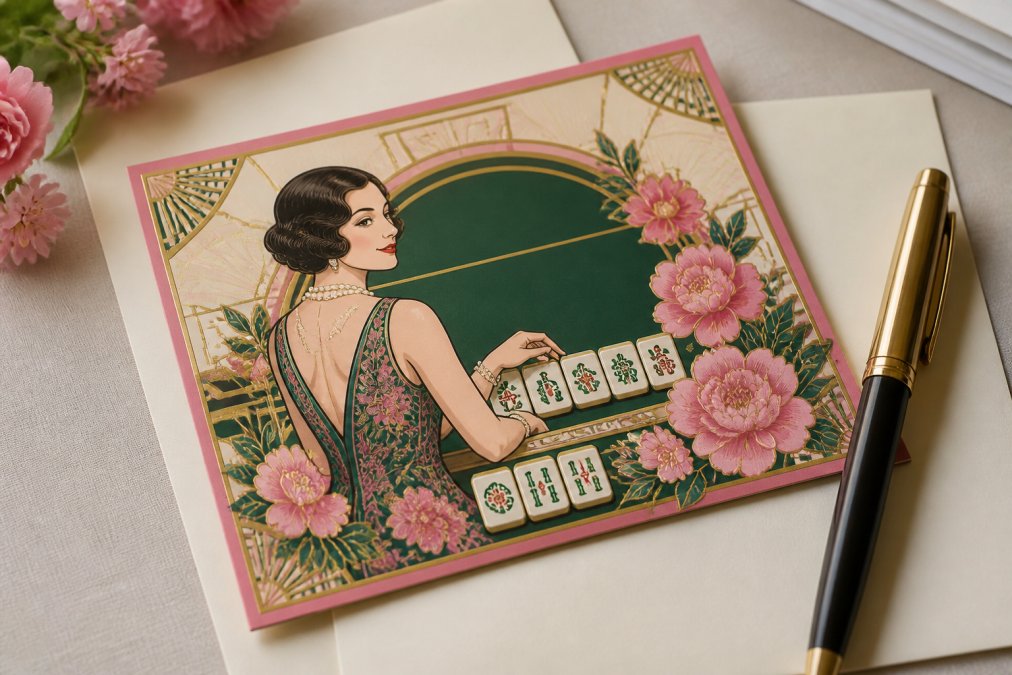 Close-up of printed Art Deco-style mahjong birthday card with vintage woman illustration, pink florals, and mahjong tile motifs, resting on cream cardstock with a pen nearby
