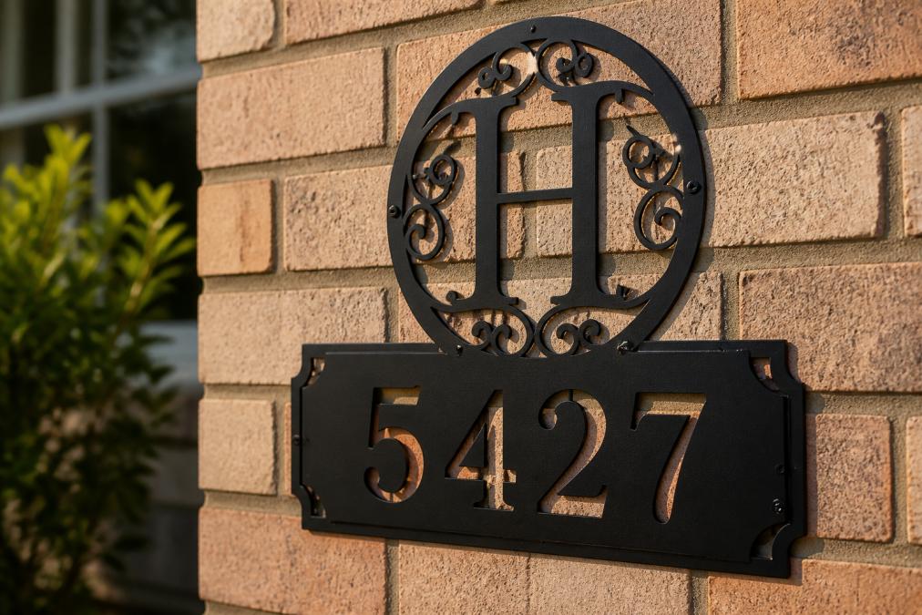 Close-up of a powder-coated black metal address sign mounted on a home's exterior brick wall, showing fine laser-cut monogram details and house numbers with warm afternoon sunlight highlighting the craftsmanship