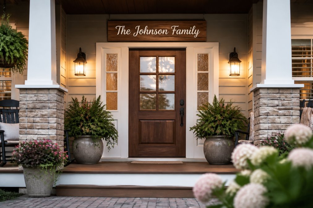 A welcoming front porch entrance featuring a personalized wooden welcome sign with family name mounted above the door, flanked by potted flowering plants and warm evening lighting, creating an inviting first impression