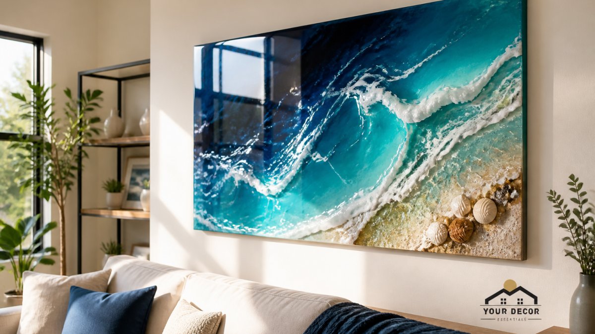 A close-up of a resin ocean scene wall panel hanging in a bright living room, sunlight catching the glossy blue-green swirls and white foam lines