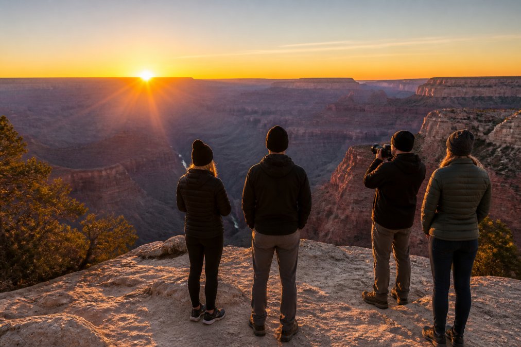 A small group of travelers standing at a South Rim overlook at sunrise, layered red rock formations glowing in early light, one person holding a camera