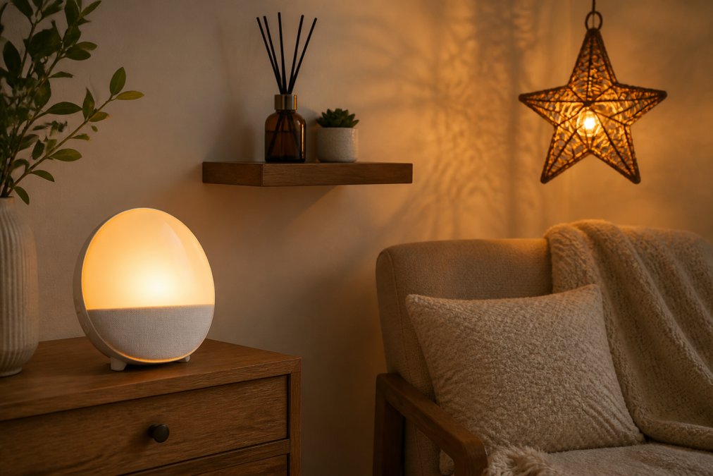 Sunrise alarm clock and reed diffuser on a nightstand, perfect wellness gifts for a cozy reading corner.