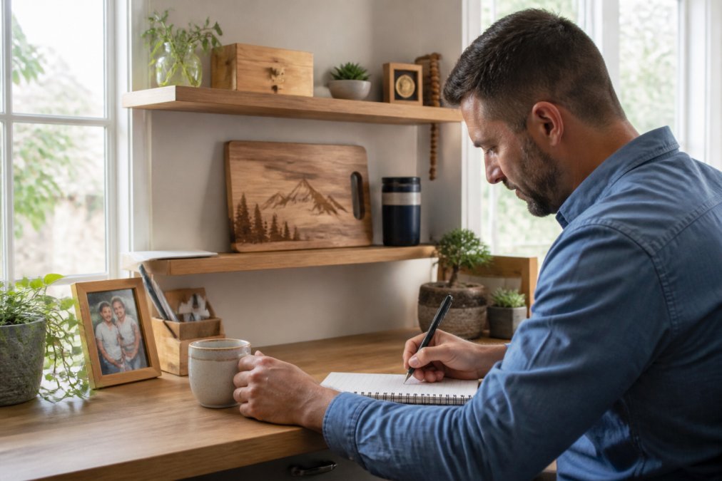 Remote worker at home desk with personalized engraved cutting board and custom items displayed on shelf, warm natural lighting from window, comfortable home office environment