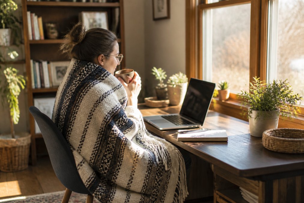 Person wrapped in woven USA-made blanket while working from home office, relaxed and comfortable at desk with laptop, warm afternoon lighting streaming through window