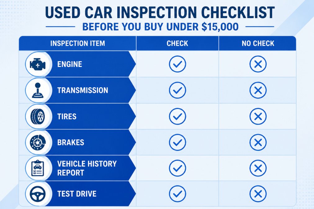Checklist matrix of inspection items for buying a used car under $15,000 including engine, tires, and history reports.