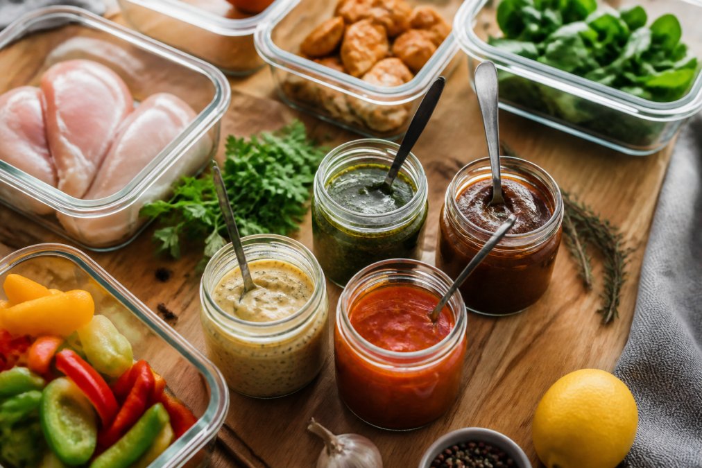 A flat-lay photo on a wooden kitchen counter showing four open jars of artisan sauce with a small spoon, surrounded by fresh ingredients like chicken breasts, mixed peppers, and herbs in glass meal prep containers