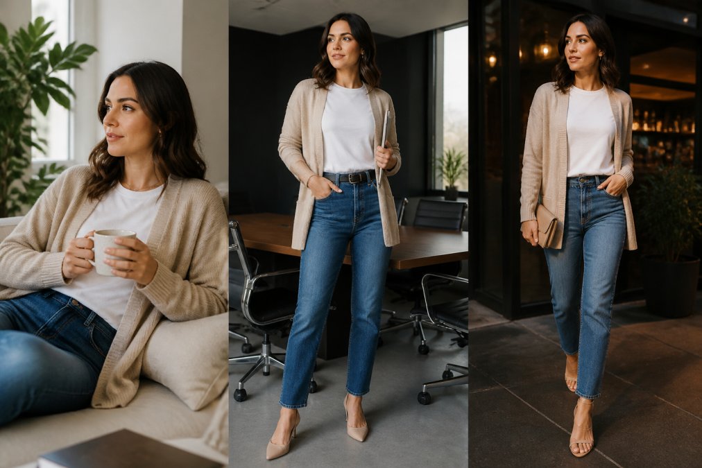 Woman wearing a simple white t-shirt, straight-leg jeans, and a neutral cardigan, styled multiple ways throughout a day, morning coffee, office meeting, evening out, in natural lighting