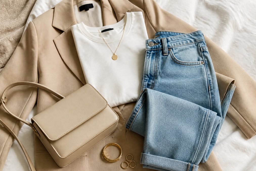 Close-up of a neutral-toned wardrobe flat lay showing folded basics including straight-leg jeans, a blazer, and accessories arranged neatly together in natural light