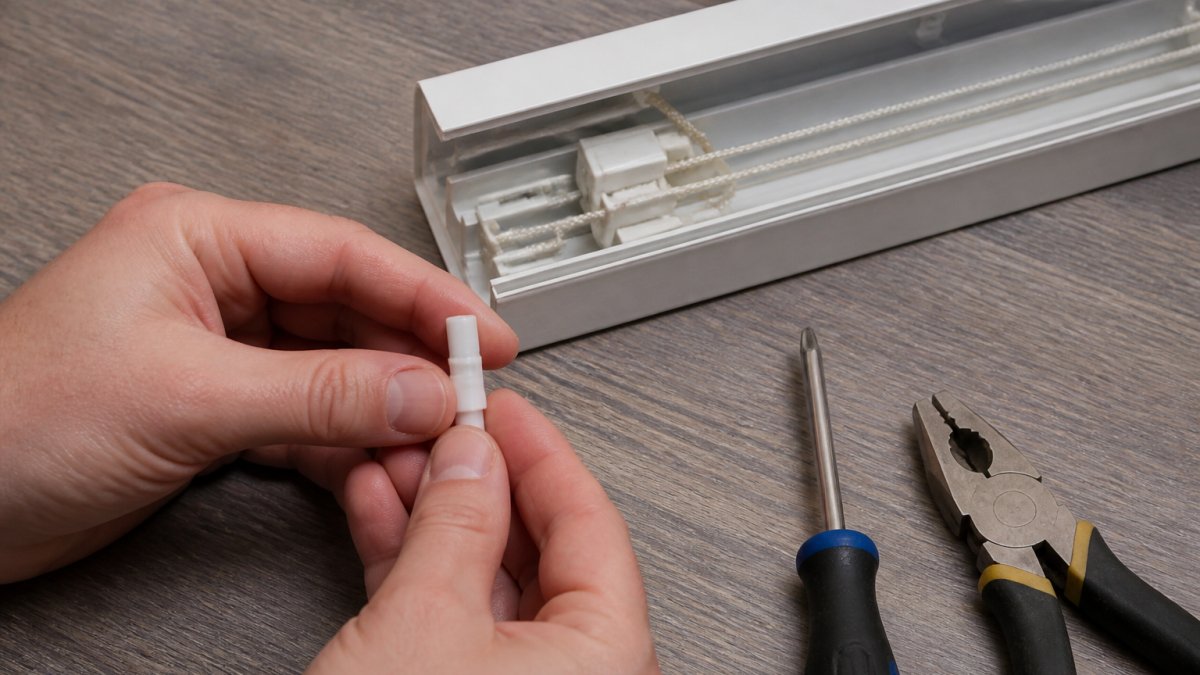 Hands holding a plastic blind carrier stem near an open headrail with repair tools on a workbench