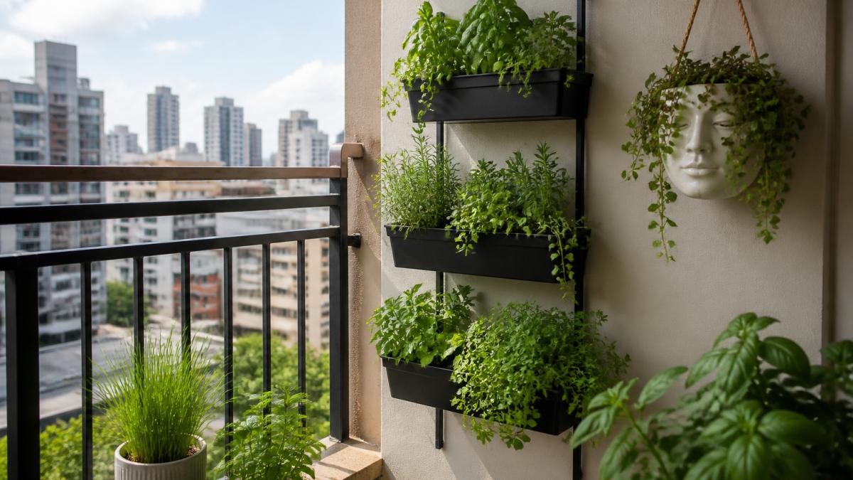 A small balcony with a wall-mounted vertical planter holding several herb pots, a hanging face planter with trailing herbs, and a windowsill pot, all in daylight with a city view behind