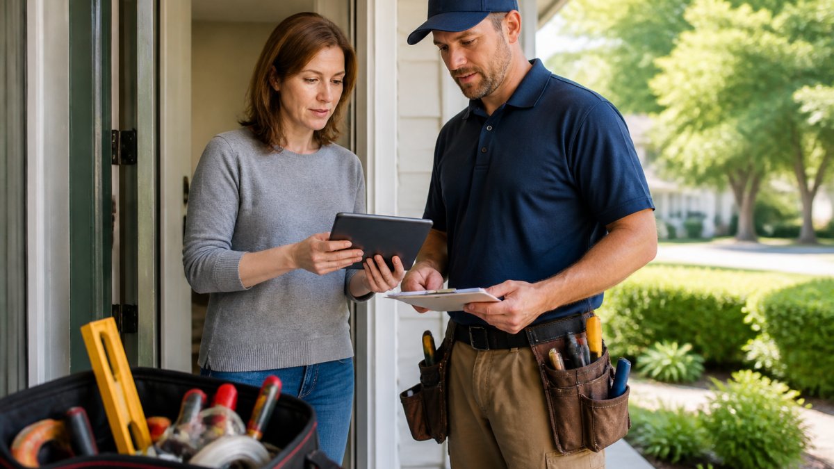 Homeowner reviewing credentials and documents on a tablet while speaking with a contractor in work attire at the front door, natural daylight