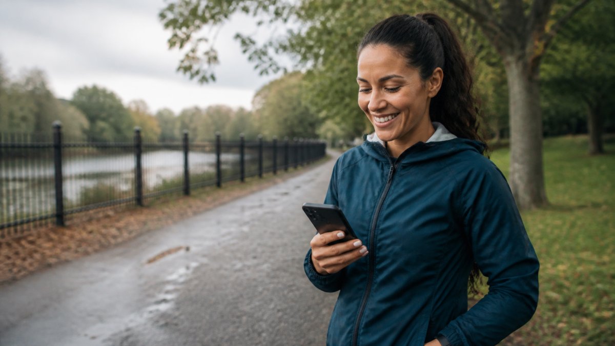 A smiling woman checking her smartphone after completing a virtual run in the UK outdoors.