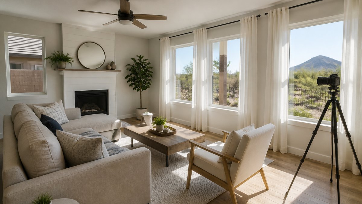 Decluttered living room with neutral furniture prepared for virtual tour staging with a camera tripod in the corner
