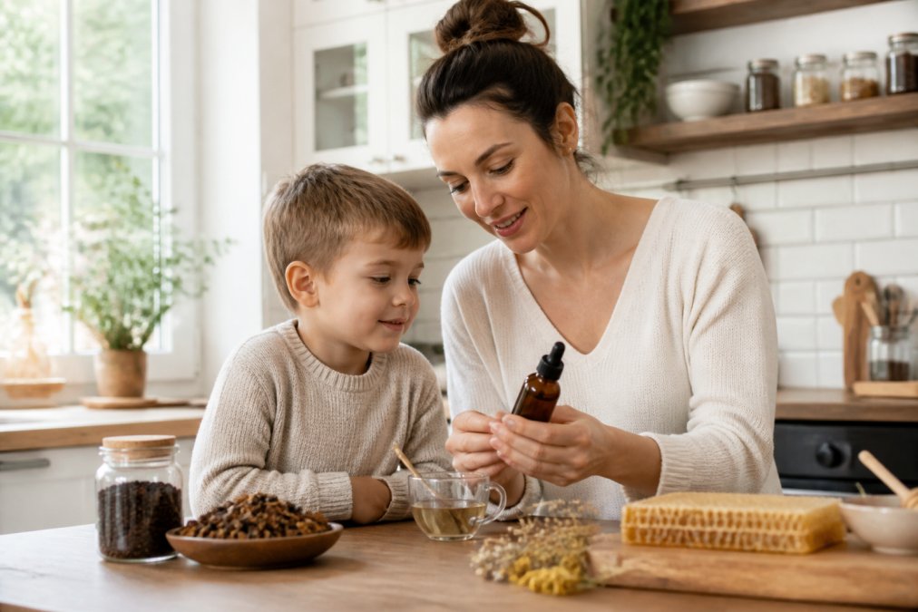 Kind mit Mutter, die gemeinsam ein Glas mit Propolis-Tinktur in einer hellen, freundlichen Küche betrachten, natürliches Tageslicht
