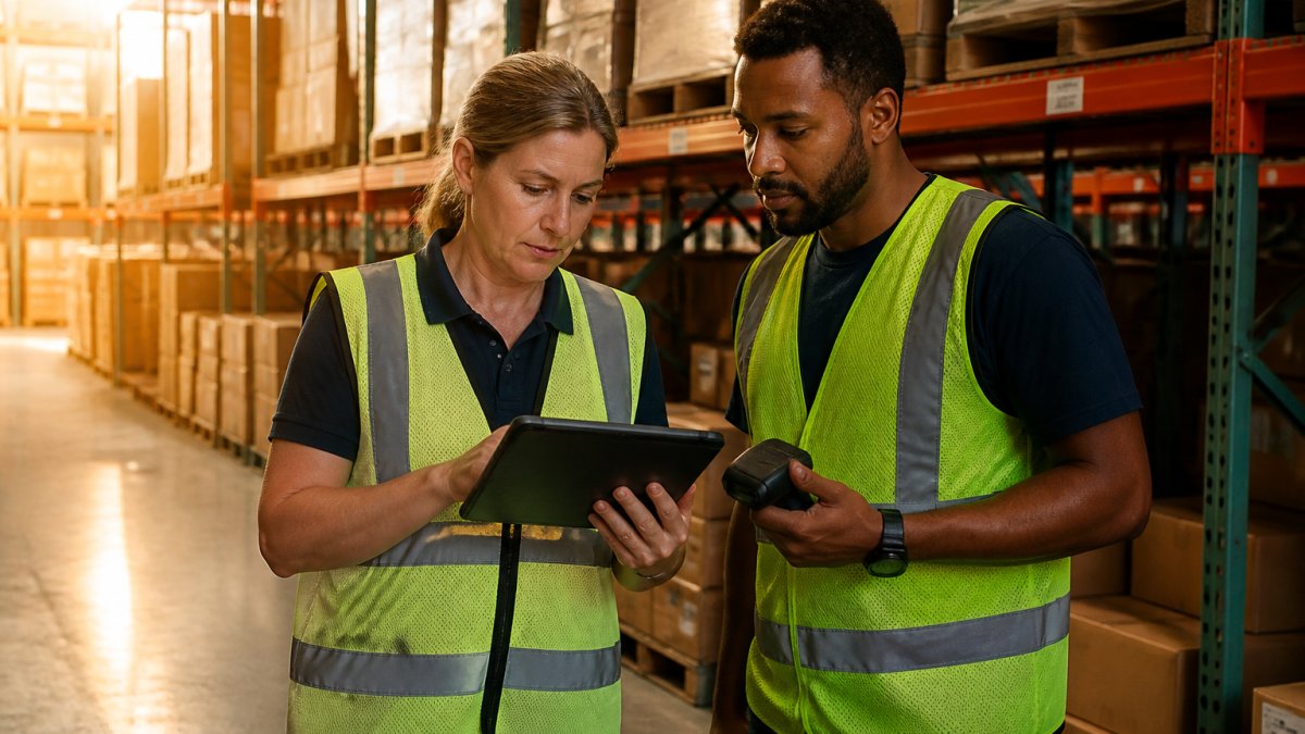 A warehouse supervisor with a tablet standing in an aisle, reviewing picking performance numbers with a picker holding a handheld scanner, pallet racking behind them