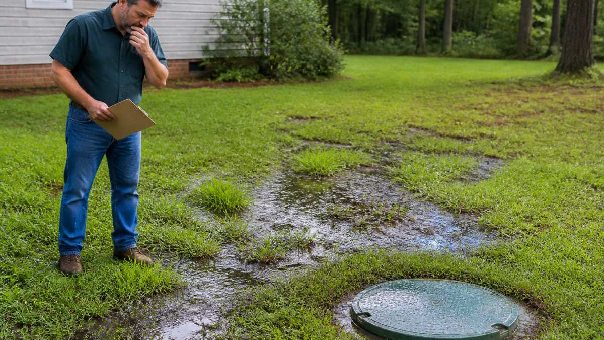 Homeowner inspecting a soggy patch of grass in the yard, a clear sign of septic system failure.
