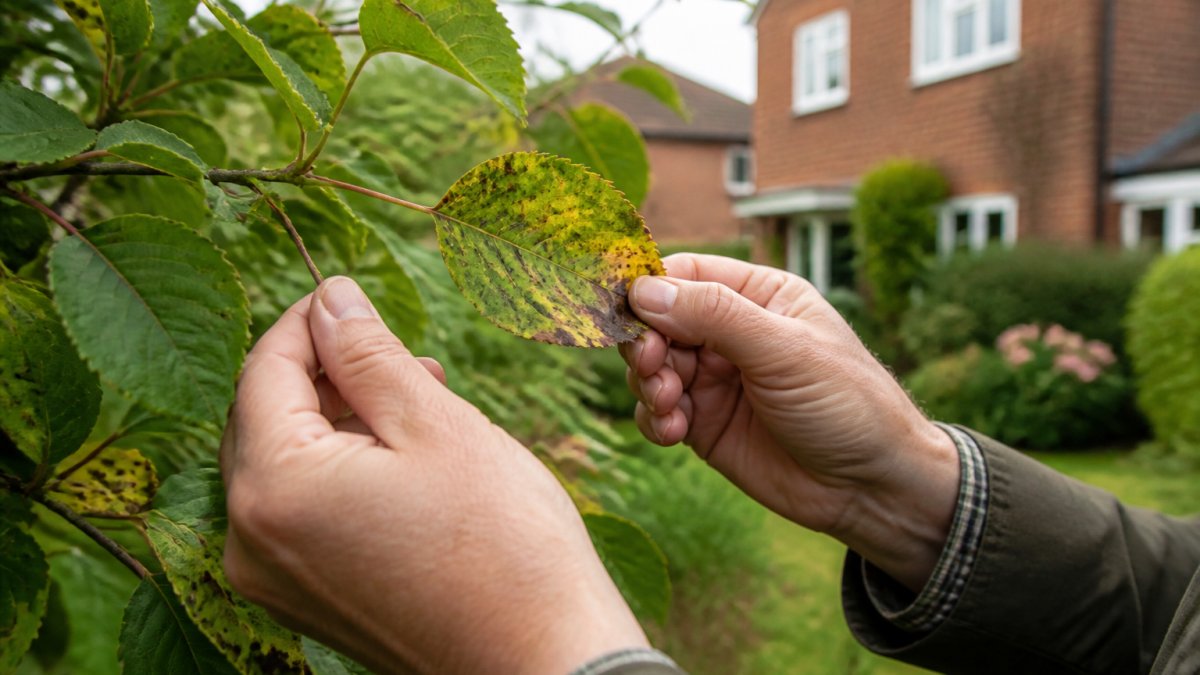 Close-up of a homeowner's hands examining a discoloured, spotted leaf on a garden tree, with a mature garden and brick house softly out of focus behind
