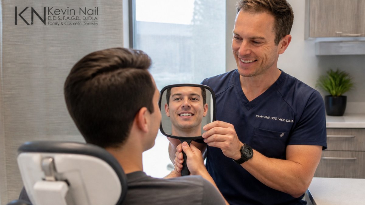 Dentist and patient discussing a smile preview for cosmetic dentistry in a bright clinic