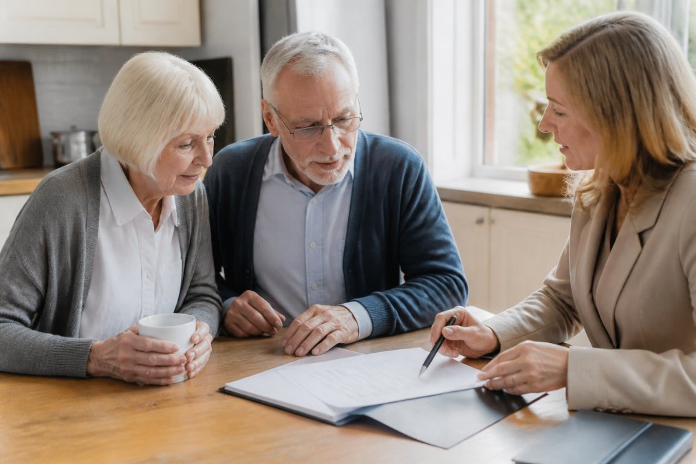 An older couple sitting at a kitchen table reviewing legal documents with a professional advisor, natural daylight through a window, reassuring and calm atmosphere