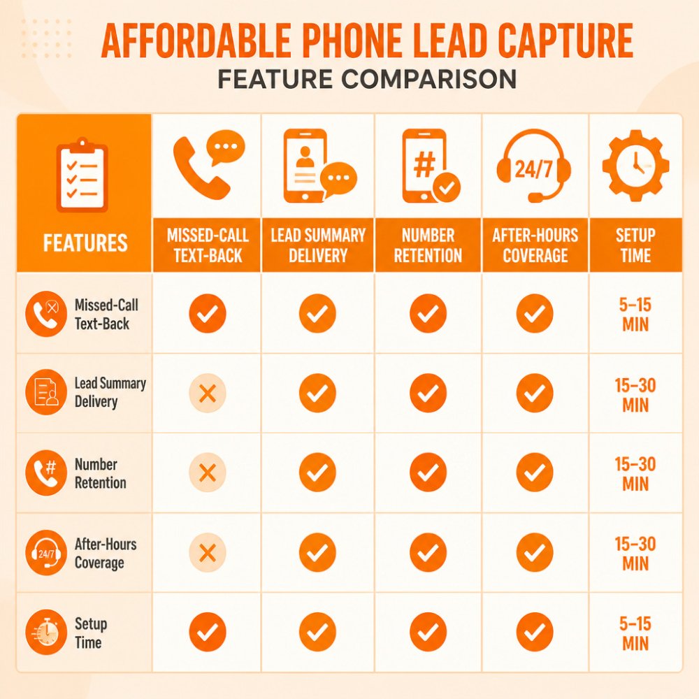 Comparison matrix evaluating features and setup for affordable phone lead capture tools