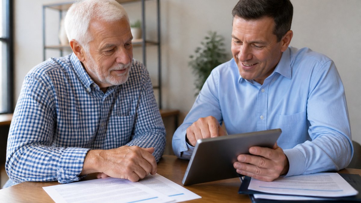 Advisor and senior reviewing Medicare Advantage costs on a tablet during a personalized plan evaluation