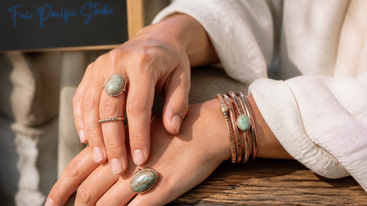 Infographic detailing the artisan crafting process for natural stone jewelry using reclaimed copper and silver.