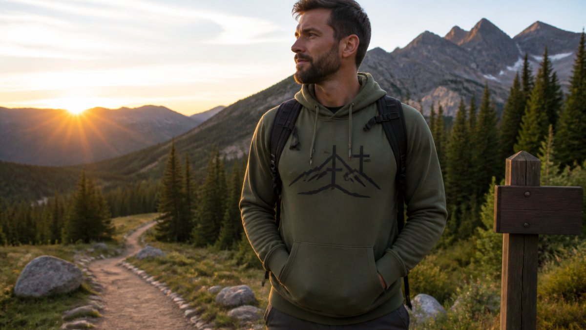 Person wearing a nature-inspired Christian hoodie at a trailhead at sunrise, standing confidently with mountains visible in the background, demonstrating how faith apparel looks in outdoor and casual settings