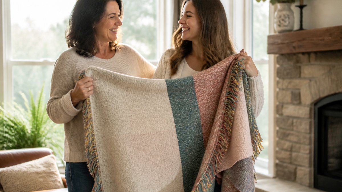 Mother and adult daughter smiling while holding a woven cotton blanket in a sunlit living room