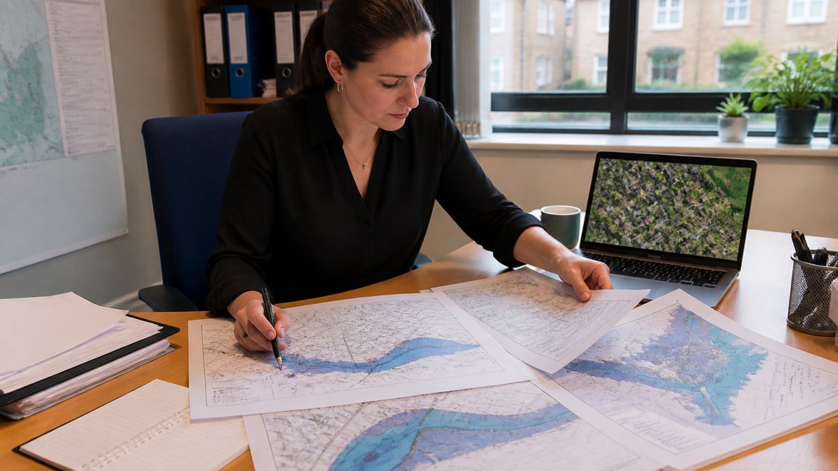 Planning officer reviewing printed flood risk data maps alongside a digital residential site layout.