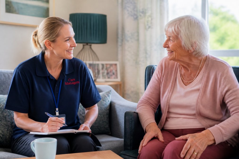 Professional carer having a warm conversation with an older adult in their living room, both seated comfortably, showing trust and rapport during a care consultation
