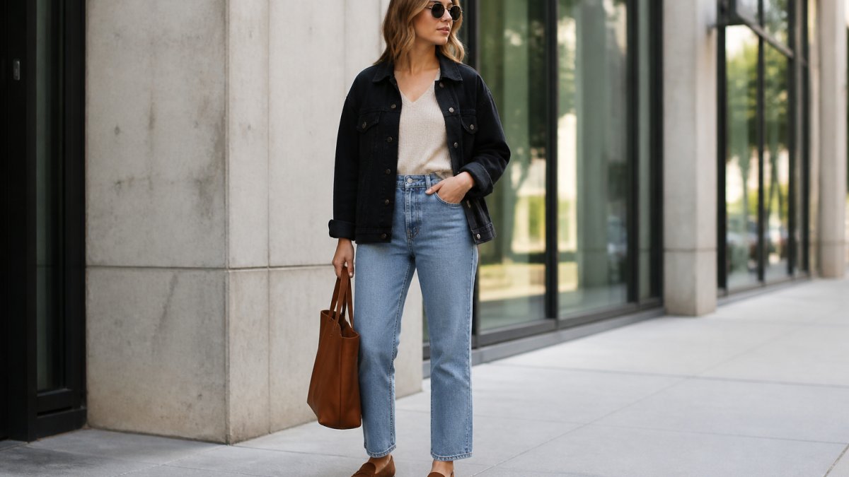 Woman wearing a neutral-colored V-neck knit sweater layered with a black denim jacket, paired with high-waist jeans and suede loafers, standing in natural daylight in a modern urban setting