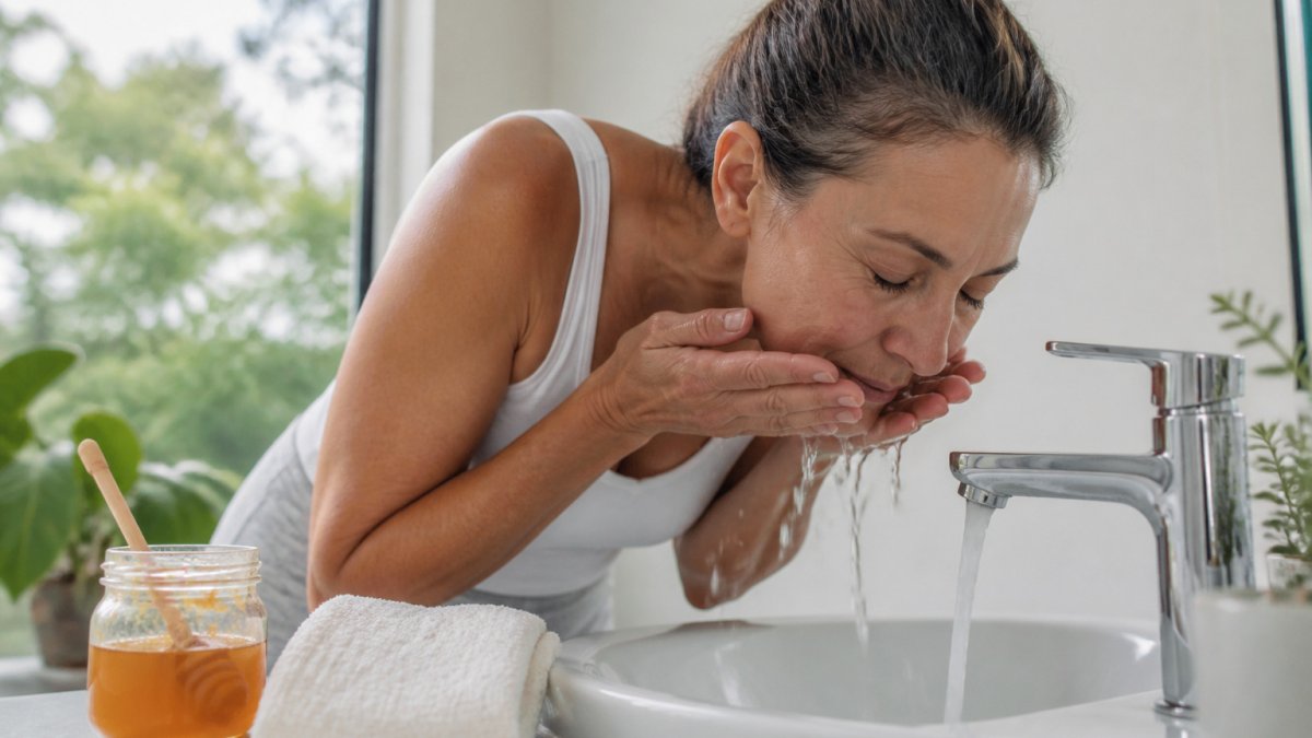 Woman in her forties gently washing her face at a bathroom sink with a jar of honey and a towel nearby