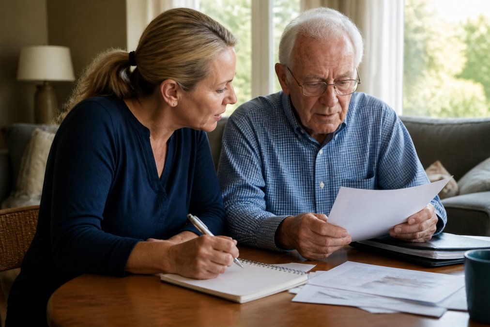 Adult child and aging parent sitting together at a table reviewing financial documents and care plan options with a notebook and pen, natural afternoon lighting