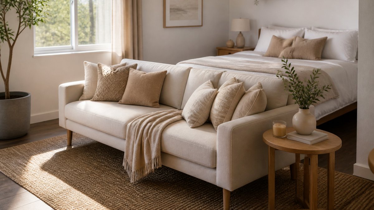 Diagram illustrating how to use a sofa to divide a studio apartment living and sleeping zone