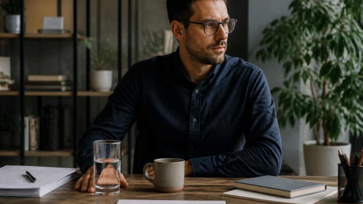 A focused professional at a desk pausing mid-task, one hand resting flat on the desk and a glass of water beside a half-finished mug of coffee, calm office lighting