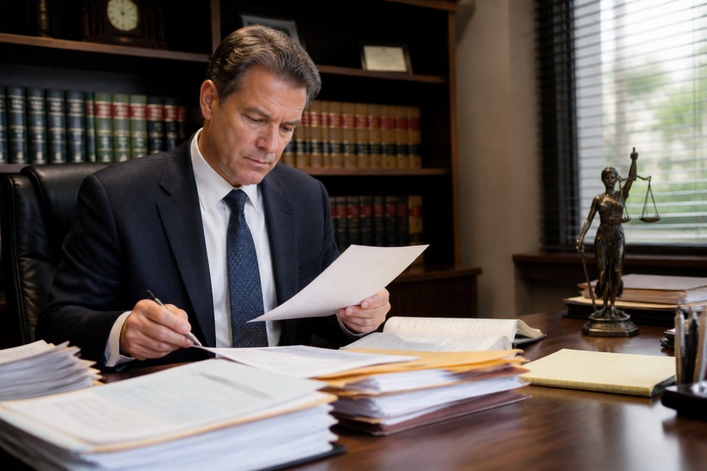 Professional attorney in business attire reviewing case documents and legal files at a desk in a modern law office, with law books and computer visible