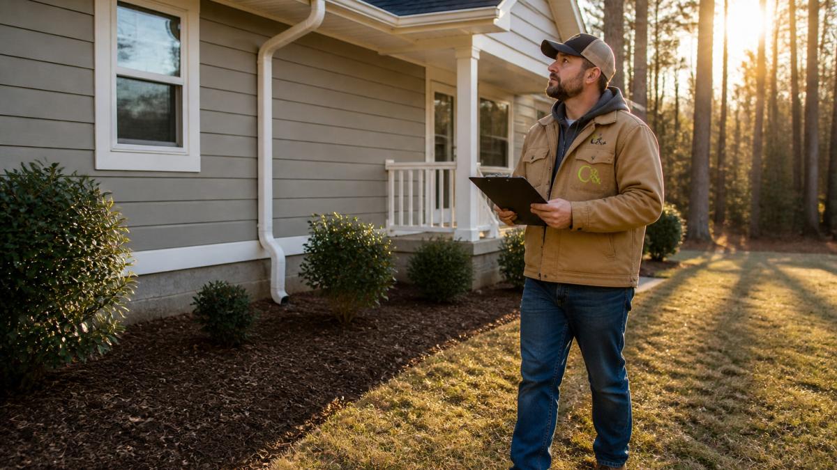 Homeowner inspecting house gutters and foundation to avoid surprise repair costs