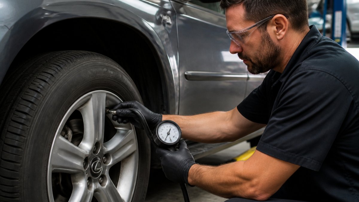 Technician checking tire pressure on a Lexus wheel to improve fuel economy older lexus vehicle performance.
