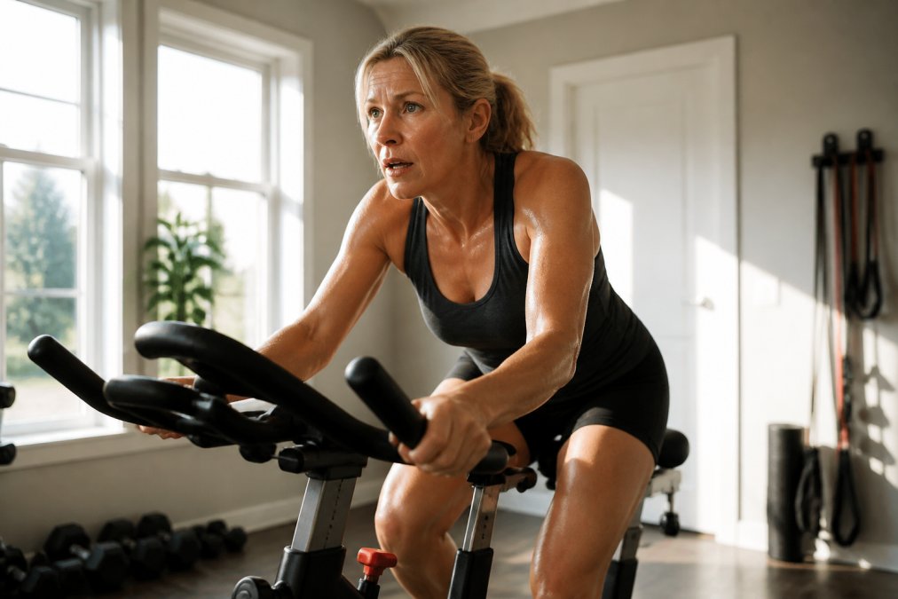 A woman in her 40s doing a high-intensity interval workout on a stationary bike in a bright home gym, sweat visible, focused expression, natural morning light through windows