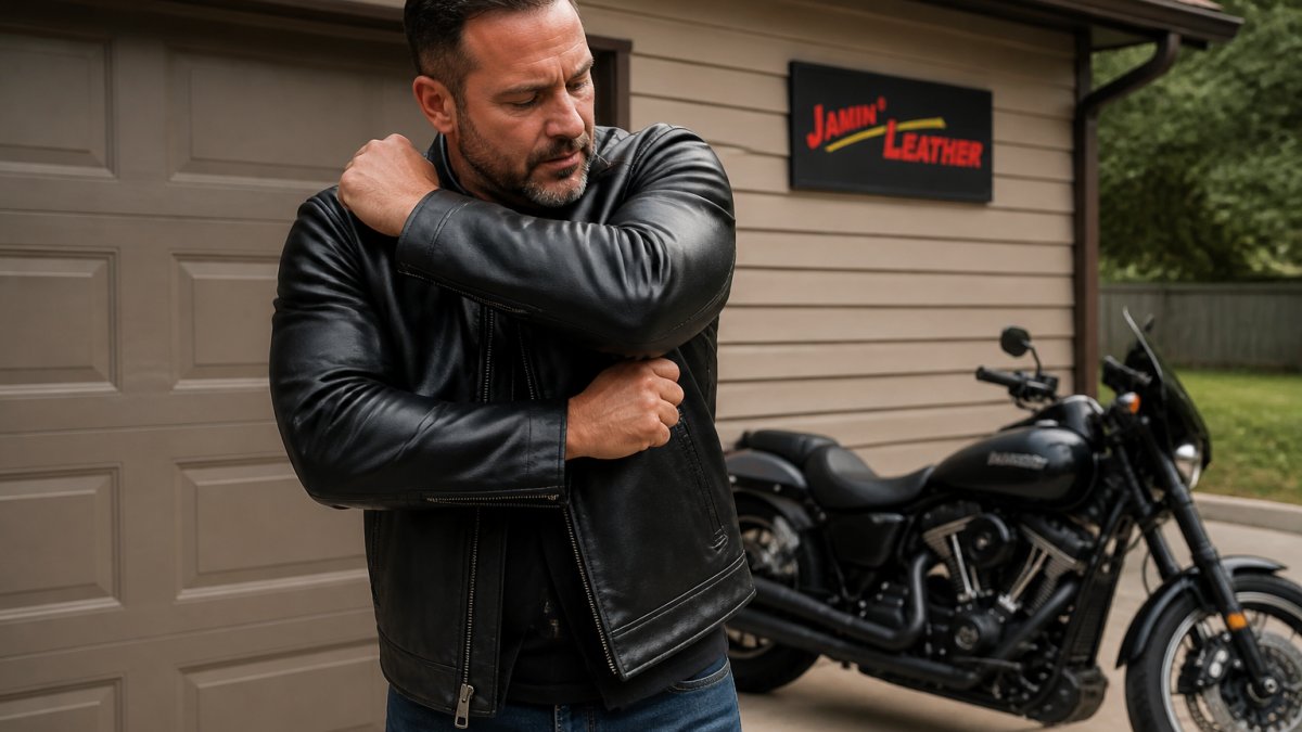 Person wearing a black leather jacket bending their arms and rolling shoulders to loosen the material near a motorcycle.