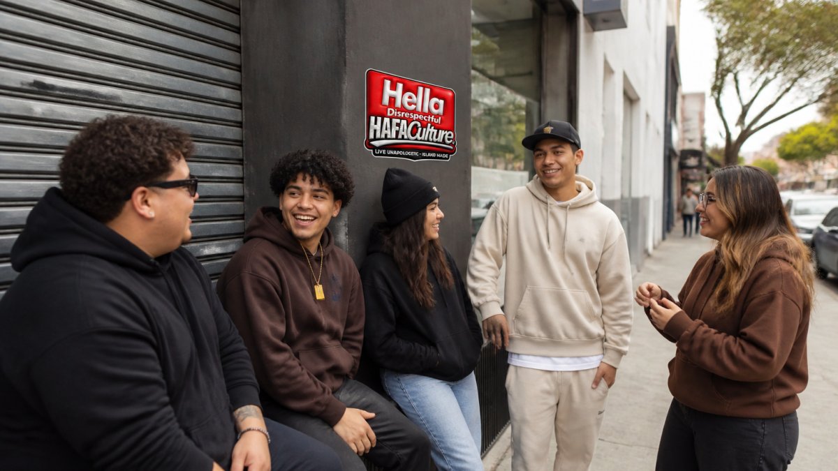 Diverse group of young adults in casual urban setting wearing bold streetwear and expressing individual style, gathered in conversation on city street with natural daylight