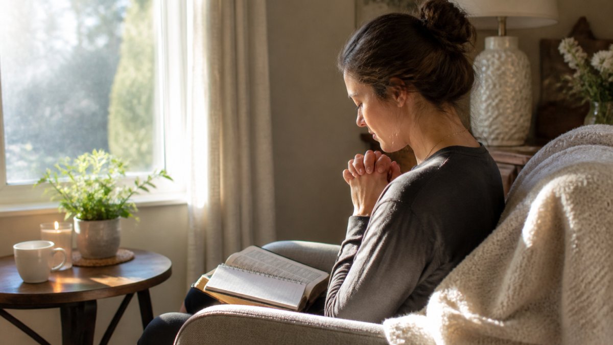Woman sitting peacefully in a quiet corner of her home with a Bible and journal, morning light streaming through a window, comfortable chair and calm surroundings