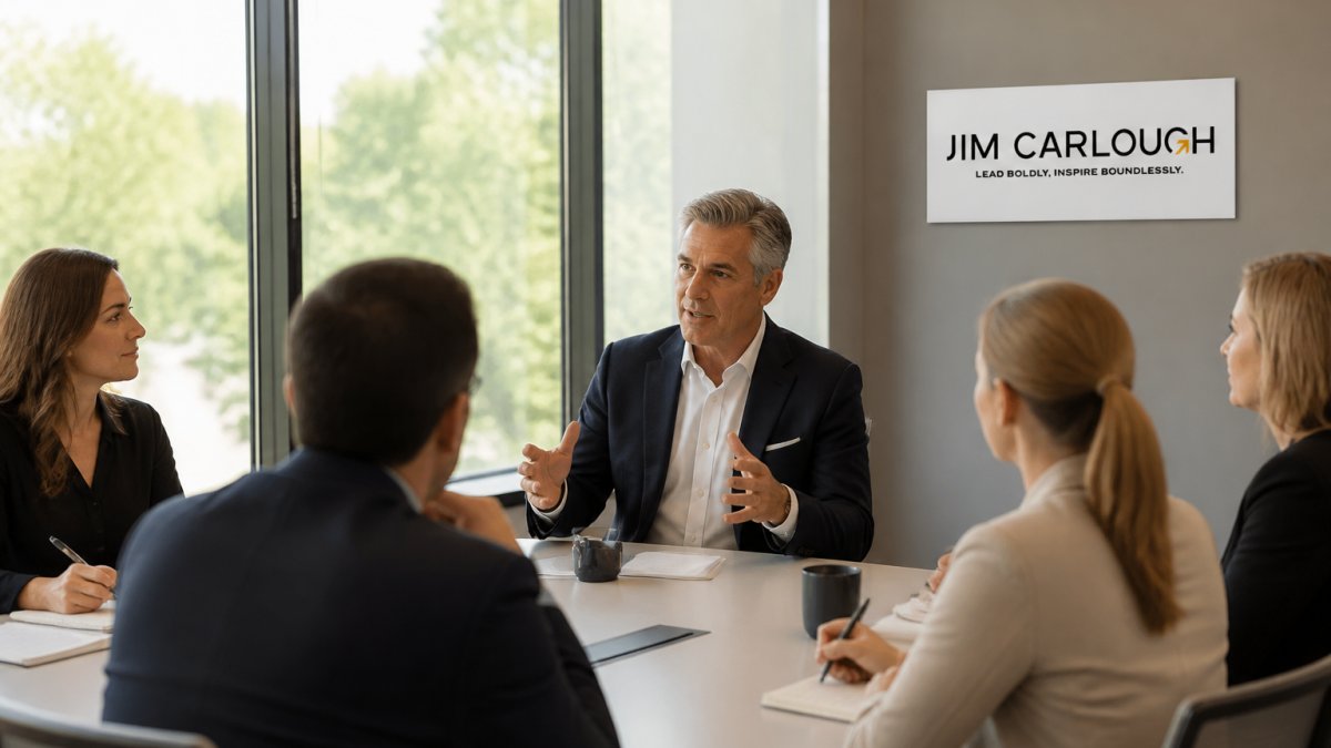 Senior leader demonstrating executive presence while speaking to an attentive team in a bright conference room.